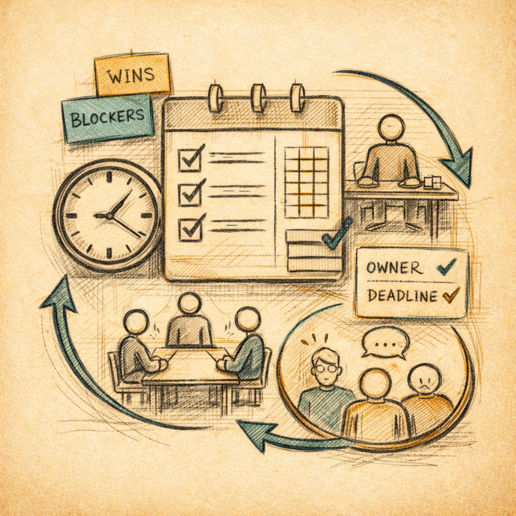 A picture describing the process of the weekly operating review, a meeting with a list of items to discuss.