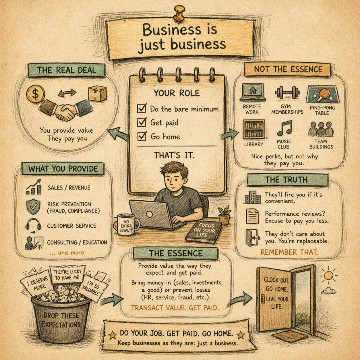 A sketch of a guy working on his computer and signs around him that describe the essence of business.