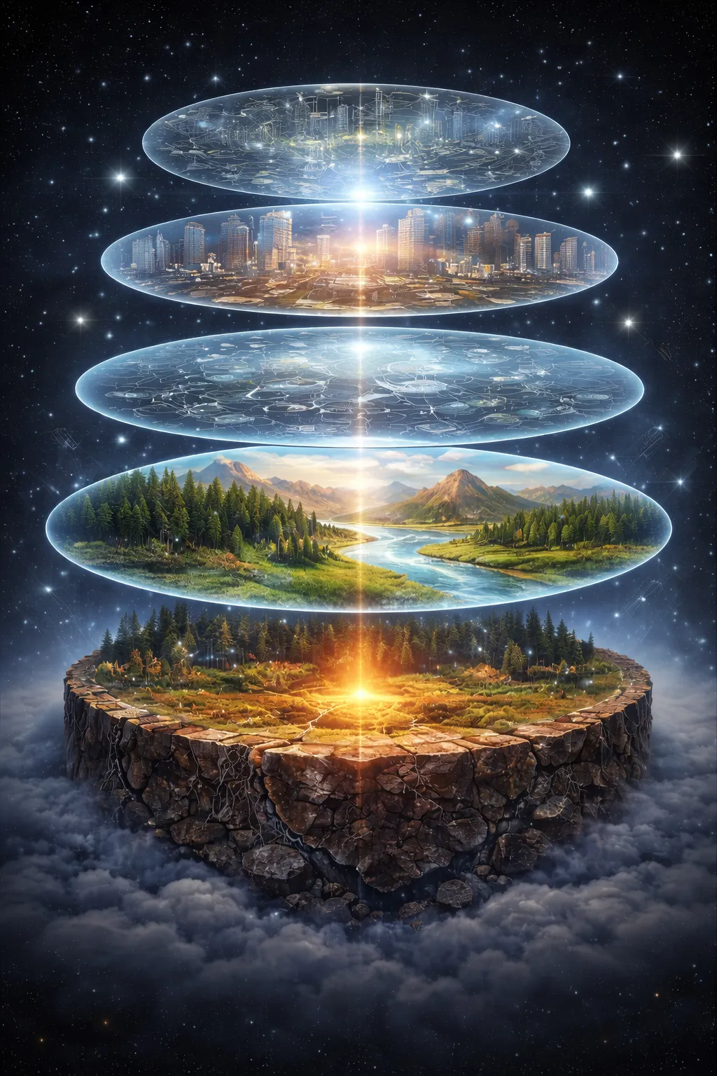 A vertically stratified system of concentric planar layers, each representing a higher level of abstraction or organization of the same underlying reality, forming a hierarchical transformation from physical landscape to conceptual structure.